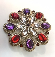 Colorful Purple Red White Rhinestone Brooch Silver Tone Flower Pin