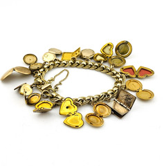 Vintage Gold Filled Locket Charm Bracelet 14 Lockets 1 Fob Hearts Book Enamel