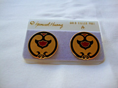 VINTAGE SAMUEL HUANG DESIGNER CLOISONNE RETRO MOD RED & BLACK STUD EARRINGS