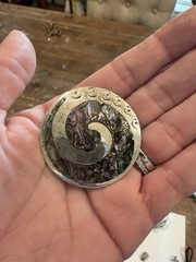 Vintage Midcentury Mexican Abalone Brooch Pendant– Spiral Modernist Design 925