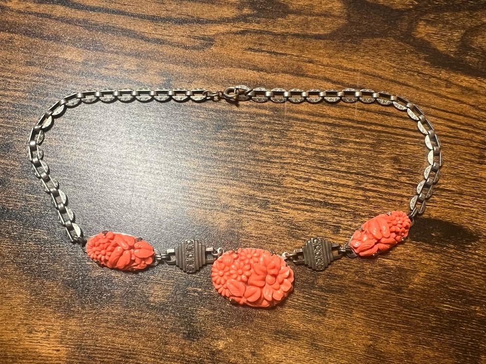 1930’s Deco Sterling Marcasite Coral Glass Necklace Flowers 16”