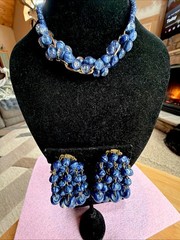 VINTAGE SET WEST GERMANY ART GLASS BLUE LAPIS WATERFALL EARRINGS NECKLACE