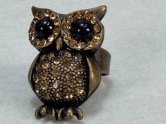 Vintage Style Owl Cocktail Ring Amber Rhinestones Bronze Tone Statement Adjust
