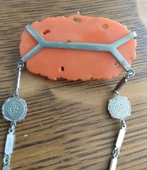 Antique coral colored Rose molded glass & Rhodium Plated Deco Necklace Pendant