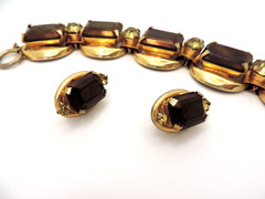 Bracelet Earrings Set 5 Link Brown Green Large Rhinestones Open Backs MCM Trendy