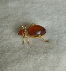 Vintage Russian USSR Baltic Amber Ant Bug Brooch Pin Gold Tone Spider Signed