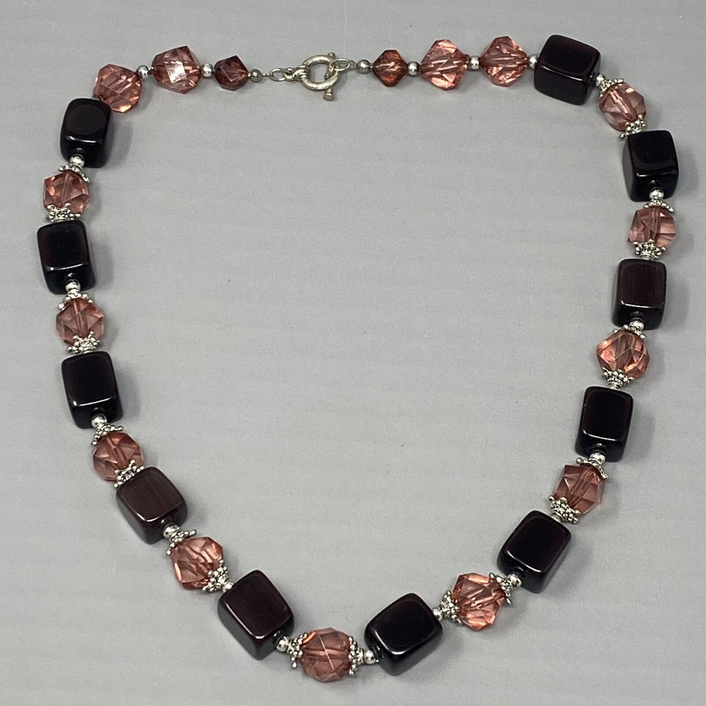 Glass Bead Necklace Mauve Square Cube Acrylic Faceted Spacer Silver Tone Caps 21