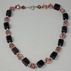 Glass Bead Necklace Mauve Square Cube Acrylic Faceted Spacer Silver Tone Caps 21
