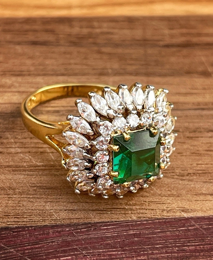 Vintage JBK Simulated Emerald Statement Ring Gold Plated Sterling Silver Size 9