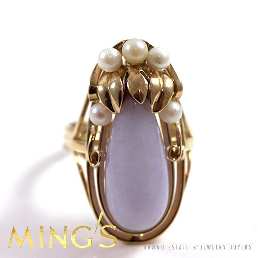 Ming’s Hawaii Lavender Jade Teardrop and Pearl 14K Yellow Gold Ring Size 5.5