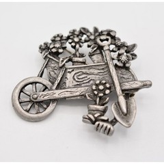AJC Vintage Garden Pin Brooch Pewter Tone Cart Floral Signed NOS 1980s BinA9