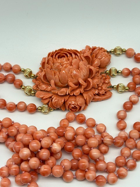 Vintage Momo Coral Peony Blossom Beaded Necklace 8-9mm Round Bead 298g Collector