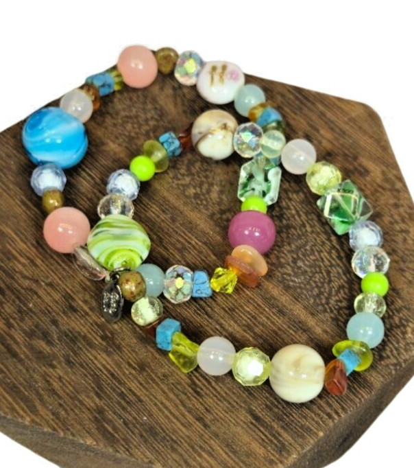 Vintage Cookie Lee Art Glass Beaded Bracelets set of 2 Designer Jewelry Signed