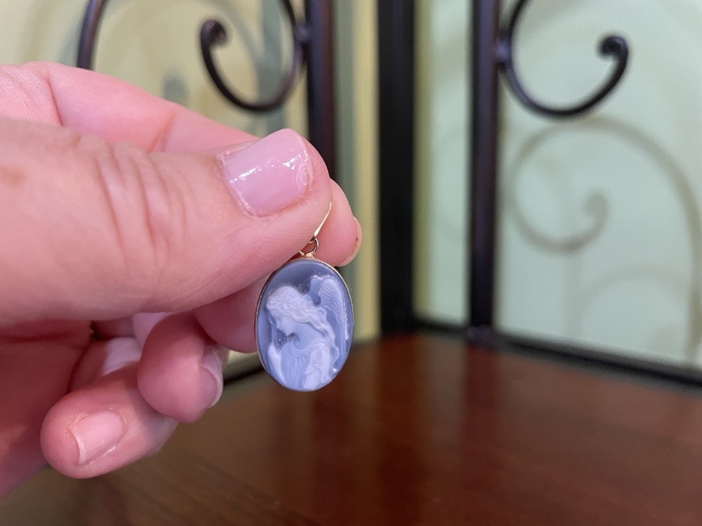 Vintage 14kt Blue Agate Angel Cameo Pendant….Take A Look!!
