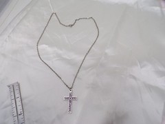 Vtg very nice silver tone chain w engraved blue cross necklace 747-14