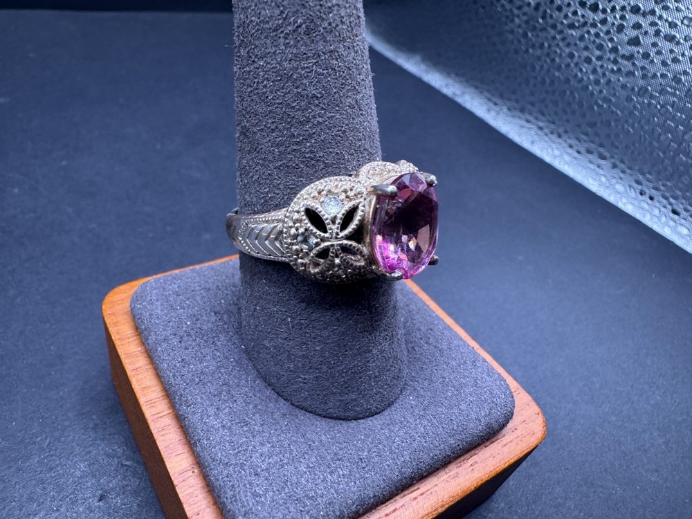 Vtg Sterling Silver 925 Pink Tourmaline Glass Statement Ring Filigree Size 9.75
