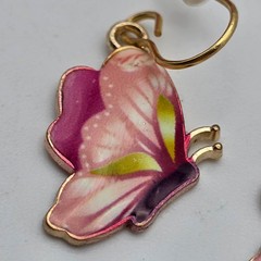 Pink Purple Enamel Butterfly Dangle Earrings Gold Tone French Hook 21mm Vintage