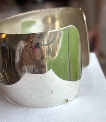 OOAK Clay Art Face Bracelet Cuff Silver-tone Metal VTG 1990s Iridescent Beads