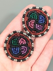 Vintage Boho Glass Seed Beaded Tribal Colorful Round Leather Back Earrings