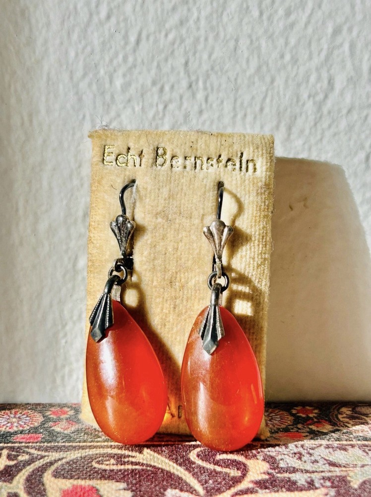 Real Baltic Amber & Silver Vintage Earrings in Original Fabric Card