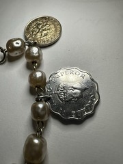 Vintage Handmade 7″ Coin Bracelet w/ 7 Coins Africa India 1947-1957 Faux Pearls