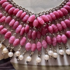 Vintage Pink Art Glass Faux Pearl Fringe Bib Statement Necklace Dramatic Runway