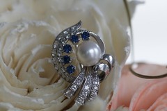 Mid Century Pearl Sapphire Diamond 14k White Gold Brooch 1950s