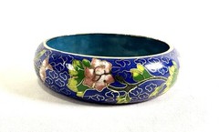 Vintage Wide Floral Blue Background Cloisonne Bangle Bracelet 3 1/8” Diameter