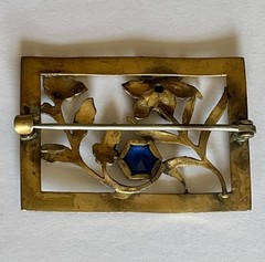Vtg Estate Pin Brooch Gold Tone Blue Rhinestone Flowers 2.3” x 1.6” Handcrafted