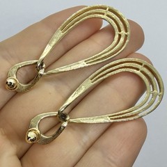 Vtg Goldtone Teardrop Triple Hoop Statement Dangle Earrings Post