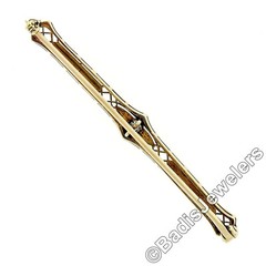 Antique Krementz Edwardian Platinum Top 14k Gold Diamond Etched Bar Pin Brooch