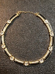 Vintage Jewelry Signed MONET Gold Tone Black And Gemmed Necklace 17.75”
