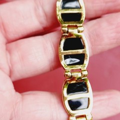 Vintage Gold Over Sterling Silver 925 Bracelet Black Stone Beautiful Signed HK