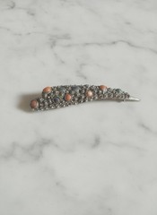 Antique 1930s Chinese Silver Filigree Nail Guard Brooch Turquoise Coral Art Deco