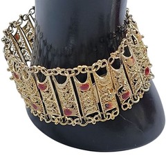 Vintage Italian 800 Silver Gold Plated Filigree Panel Bracelet 7.25″ Red Enamel