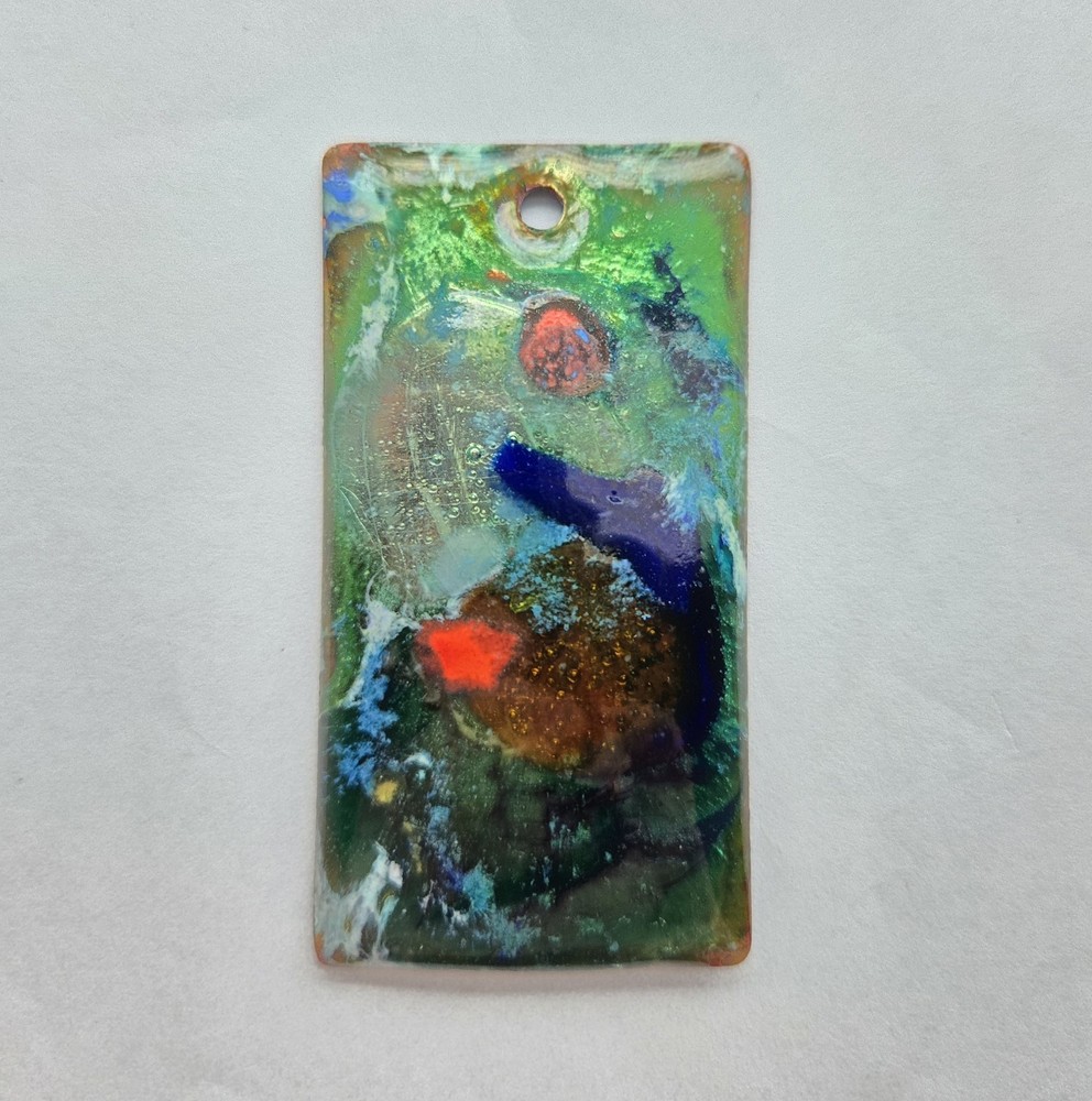 Vintage Artisan Rectangle Enamel on Copper Pendant Abstract Signed