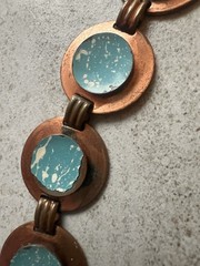 Vintage Mid Century Copper Link Panel Bracelet Blue Enamel Some Flaws H5