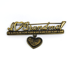 Jonette J.J. “I Love Grandma!” Antiqued Brass Bar Heart Charm Dangle Pin Brooch