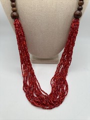 Vintage Red Glass Seed Bead Necklace Multi Strand with Wood Beads 34”