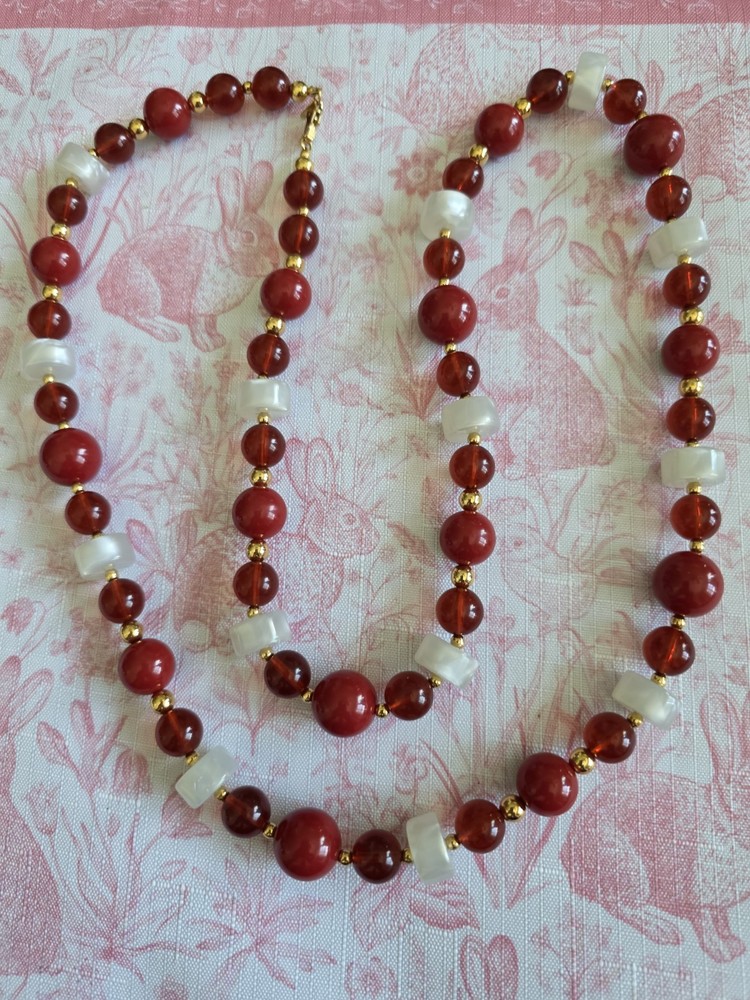 Vintage Monet Red Beaded 36 In Necklace Signed
