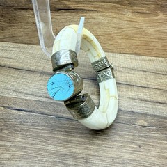 Vintage Water Buffalo Bone Turquoise Gemstone Silver Tone Hinged Bracelet 3.5”