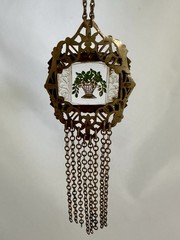 Vintage Art Deco Revival Brass Filigree Glass Flower Basket Tassel Necklace 16”