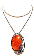Antique Sterling Silver 925 Cognac Baltic Amber Pendant Brooch Necklace 24 Grams