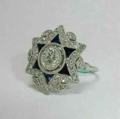 Art Deco Style Lab Created Diamond & Sapphire Wedding 14K White Gold Finish Ring