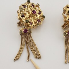 1950s Earrings Chain Tassel Filigree Gold Tone Pink Green Rhinestones Retro Glam
