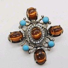 Gripoix Maltese Cross Brooch Pin Amber Blue Gold tone Statement Cabochon 2.25 in