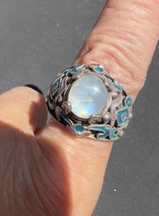 Vintage Chinese Export Sterling Silver Enamel Moonstone Ring Size 8 Marked S925