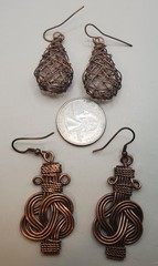 4 Pr. Vtg COPPER Artisian Earrings: Buddha Knot, Basket, Pink & Purple Enamel