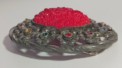 Vintage Dark Silver-tone Open Oval Brooch w/ Carved Glass? Floral Centerpiece