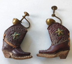 Vintage Brown Cowboy Leather Boots/ Wood Heels Screw Back Earring Made In Mexico